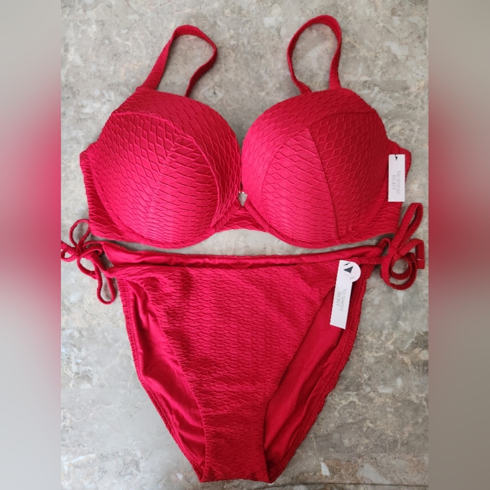 40C/XXL VS Swim Sexy Tee Bikini Top Side Tie Cheeky Bikini Set Red